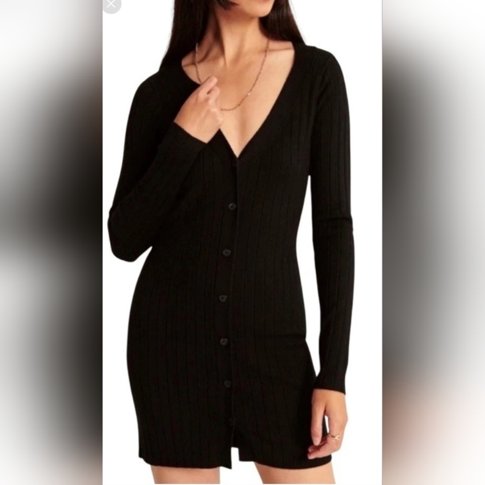 Abercrombie & Fitch Black Ribbed V-neck Button-Up Mini Dress Size Petite Medium